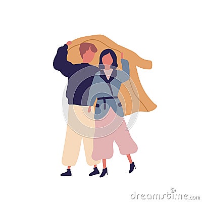 Couple together under raincoat flat vector illustration. Autumn season, rainy weather, walk under rain. Enamored people Vector Illustration