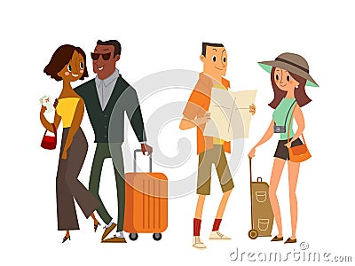 Couple tourist traveler with map and luggage Vector Illustration