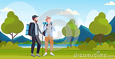 Couple tourists hikers with backpacks and stick trekking hiking concept man woman travelers on hike beautiful river Vector Illustration
