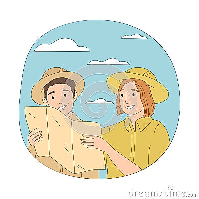 Couple tourists travelers in hats looking at map during safari trip Vector Illustration