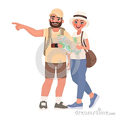 Couple of tourists visiting the sights. Travel to new countries. Cartoon Illustration