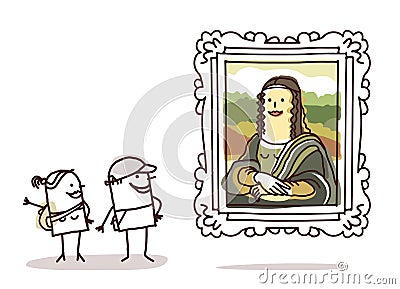 Couple of tourists watching the Mona Lisa Vector Illustration