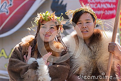 Couple in traditional clothing aboriginal of Kamchatka Peninsula Editorial Stock Photo