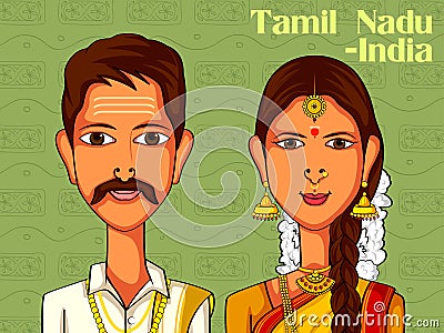 Couple in traditional costume of Tamil Nadu, India Vector Illustration