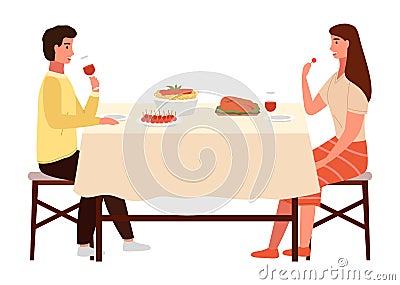 Couple is traditional eating italian food. Young characters on a date isolated on white background Vector Illustration