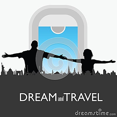 Couple travel with historic monuments silhouette illustration Vector Illustration