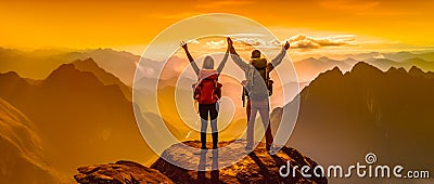 couple of traveler raising their hands standing on the top of the mountain signify the success of the journey Stock Photo