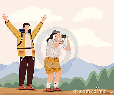 couple travelers with camera Vector Illustration