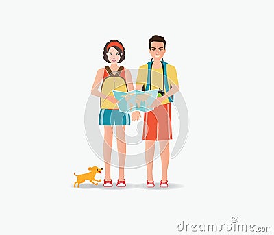 Couple travelers carring map with dog isolated on white. Vector Illustration
