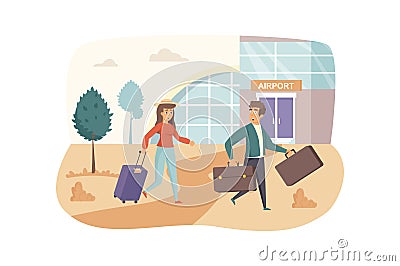 Couple travels together. Man and woman with luggage go in airport Vector Illustration