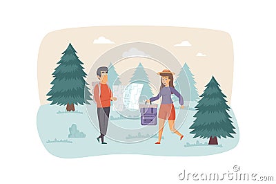 Couple travels together scene. Tourists with backpacks look at map Vector Illustration