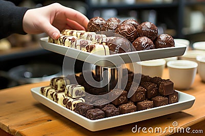 A couple of trays filled with chocolates on top of a wooden table. White and black chocolate Stock Photo