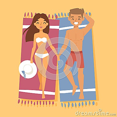 Couple on tropical beach vector characters top view people on towels romance lovers holiday travel lifestyle. Vector Illustration