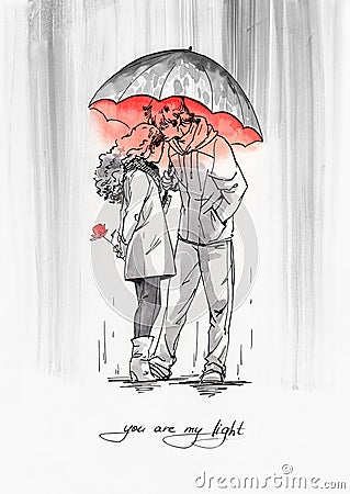 Couple with umbrella. Ink graphic illustration. Cartoon Illustration