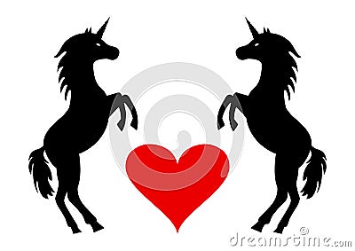 Couple unicorns with heart, black and red silhouettes isolated on white background. Vector illustration Cartoon Illustration