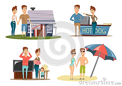 Couple Vacation Compositions Set Vector Illustration