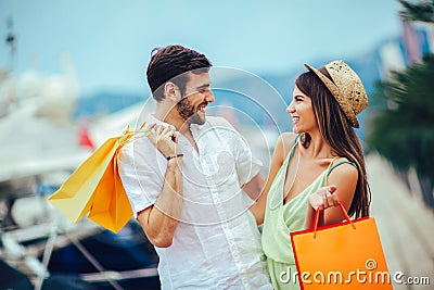 Couple on vacation enjoying travel and shopping Stock Photo