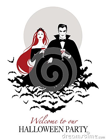 Couple of vampires on a cloud of bats holding red wine glasses Vector Illustration