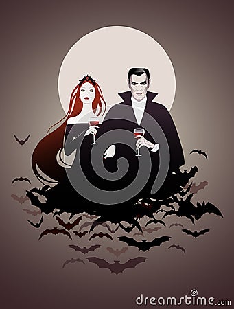 Couple of vampires on a cloud of bats holding red wine glasses Vector Illustration