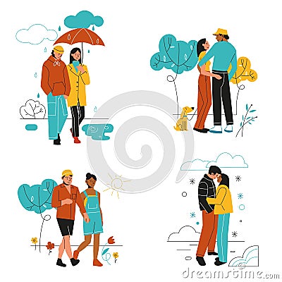 Couple various weather. Walking in different seasons, guy with girl in warm and light clothes outdoor. Spring and summer Vector Illustration