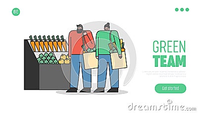 Couple of vegans using eco bags in shop buying vegetables. Zero waste and plastic pollution concept Vector Illustration