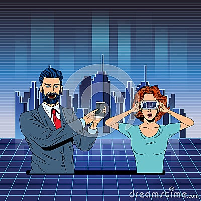 Couple with virtual reality headset Vector Illustration