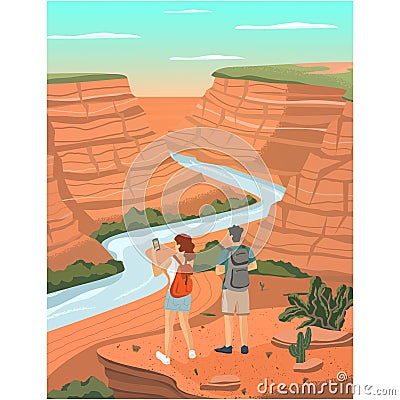 Couple visit grand canyon with river stream vector Cartoon Illustration