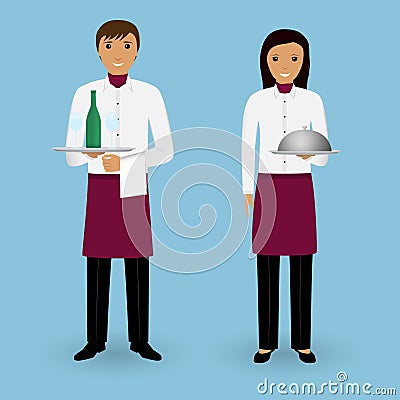 Couple of waiter and waitress with dishes and in uniform stand together. Restaurant team. Food service staff. Vector Illustration