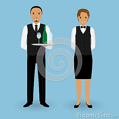 Couple of waiter and waitress with dishes and in uniform stand together. Restaurant team. Service staff. Vector Illustration