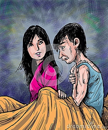 Couple wake up at night after nightmare dreams Vector Illustration