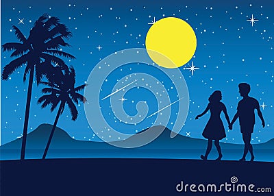 couple walk on beach at night,romantic scene sea nearby palm tree and full moon star Vector Illustration