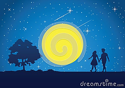 Couple walk at full moon night around with star Vector Illustration