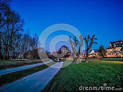 Couple Walk on a pathway in moonlight on a winter evening with a big cutted tree on the green grass in nature at the riverside Editorial Stock Photo