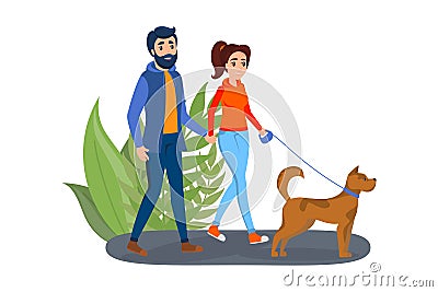 Couple walk a pet dog on the street Vector Illustration