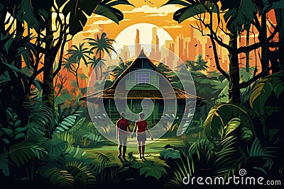 couple walk to little house in the jungle AI generated Cartoon Illustration