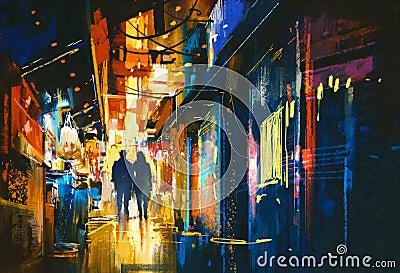 Couple walking in alley with colorful lights Stock Photo