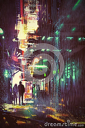 Couple walking in alley at rainy night Cartoon Illustration