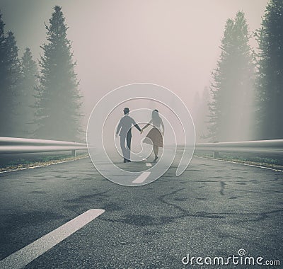 Couple walking hand on a forest road Cartoon Illustration