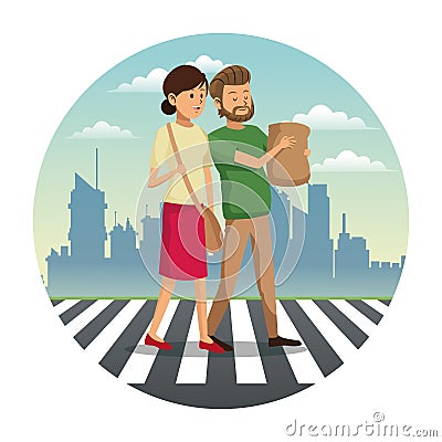 couple walking street shopping bag urban background Cartoon Illustration