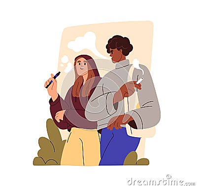 Couple walking at the street and smoking. Young man and woman with cigarette and e cig, talking each other. Nicotine Vector Illustration