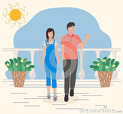 Couple walking on the sun white terrace with potted plants. Smiling young guy and girl on holidays Vector Illustration