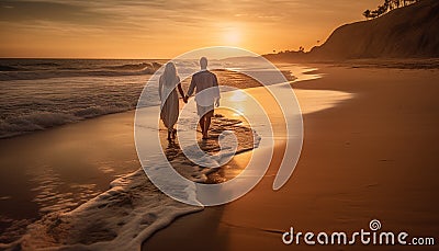 A couple walks on the beach, embracing love and togetherness generated by AI Stock Photo