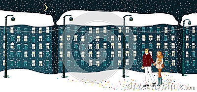 Couple walks winter evening. Falling snow. City landscape, illustration Cartoon Illustration
