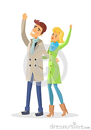 Couple in Warm Winter Clothes Looks up in the Sky. Vector Illustration