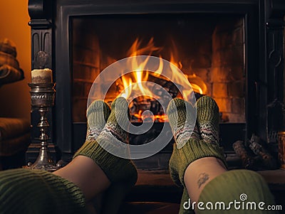 a couple warming their feet by the fireplace Stock Photo