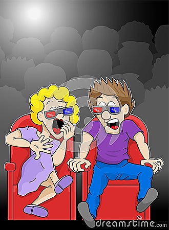 Couple is watching a horror 3d movie movie in a cinema Vector Illustration