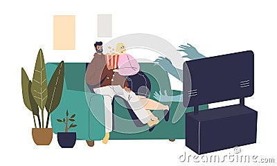 Couple watching horror movie on tv at home sitting frightened on couch in living room Vector Illustration