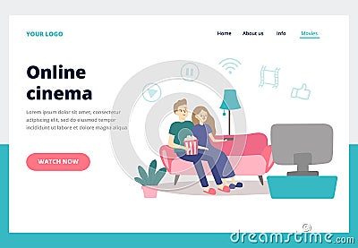 Couple watching movie. Young man and woman watch movies at home. Online cinema service business landing page vector Vector Illustration