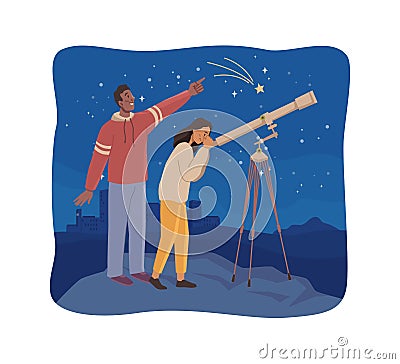 Couple watching shooting stars through telescope Vector Illustration