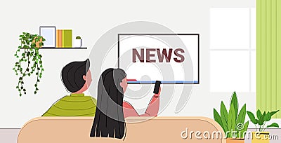 Couple watching TV daily news program on television man woman sitting on sofa living room interior Vector Illustration